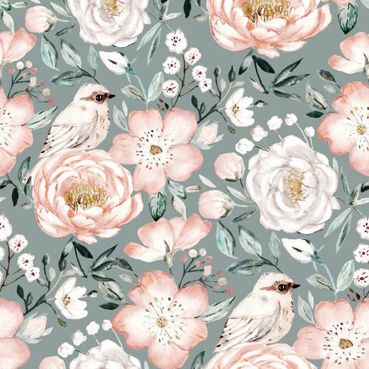 Family Fabrics - Bernadett Urbanovics - Dog Rose and Peony Green Retro
