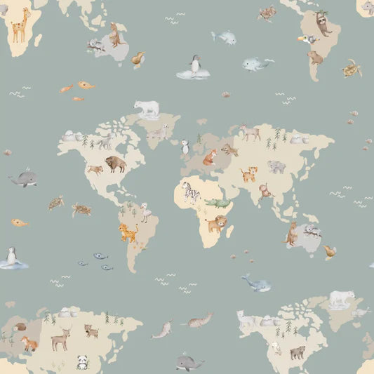 Family Fabrics - Thu Ha Kung - Animals Map Sea Green