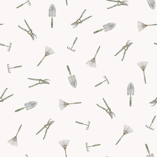 Family Fabrics - Marcha Joan - Gardening Tools Green