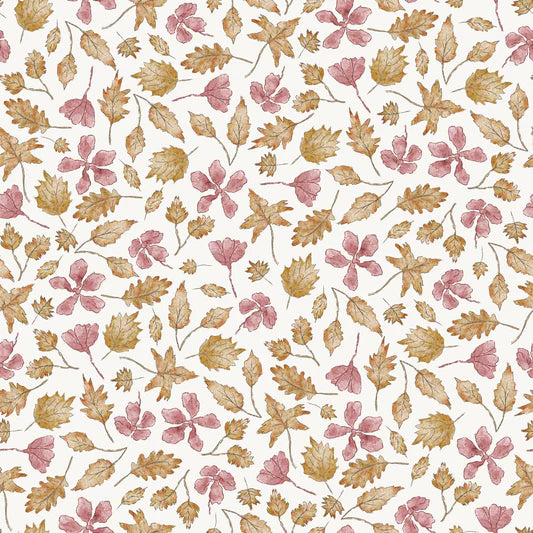 Family Fabrics - Marcha Joan - Autumn Leaves Old Pink Flowers Off White