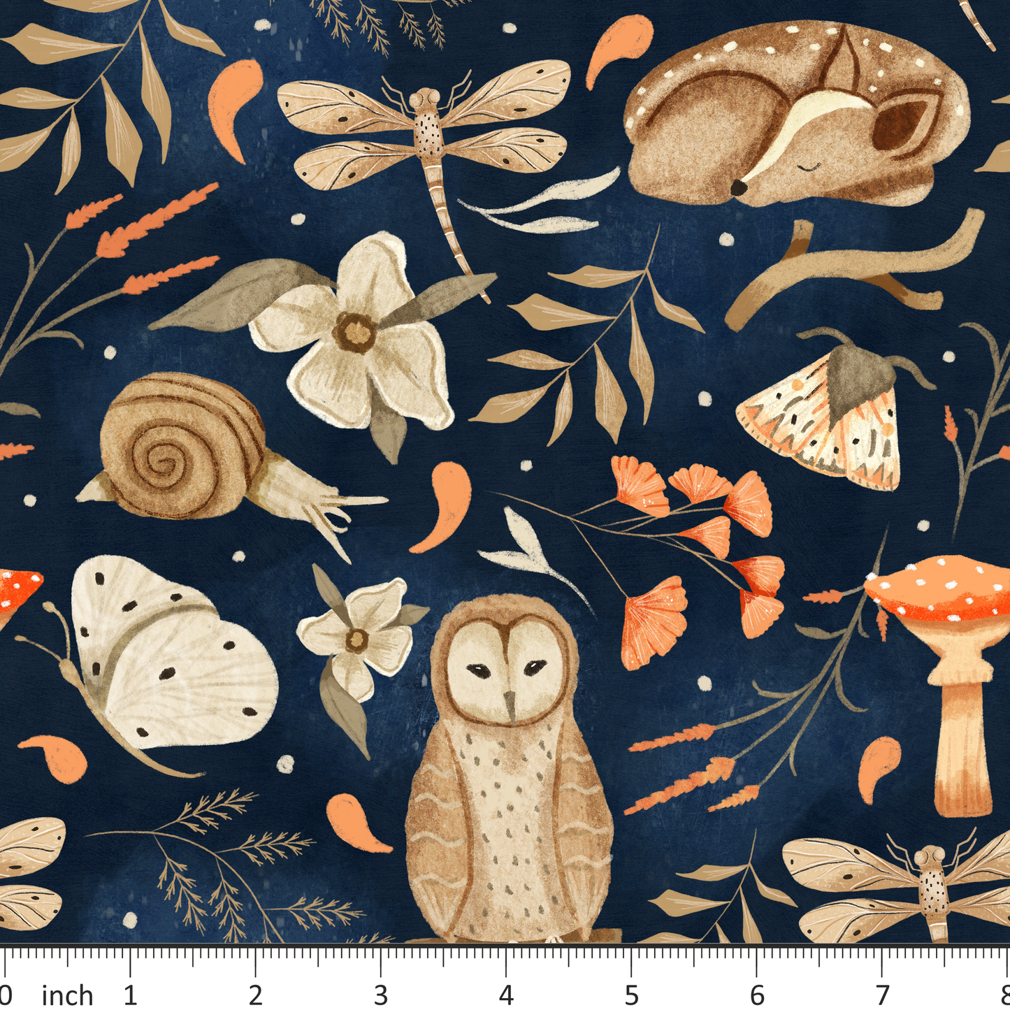 Claire Eddie Art - Benni on Midnight Blue - Little Rhody Fabric Exclusive Colorway - Owls - Woodland - Moths -
