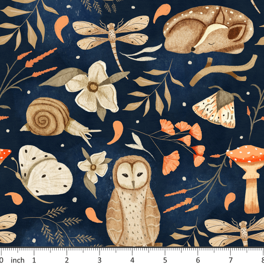 Claire Eddie Art - Benni on Midnight Blue - Little Rhody Fabric Exclusive Colorway - Owls - Woodland - Moths -