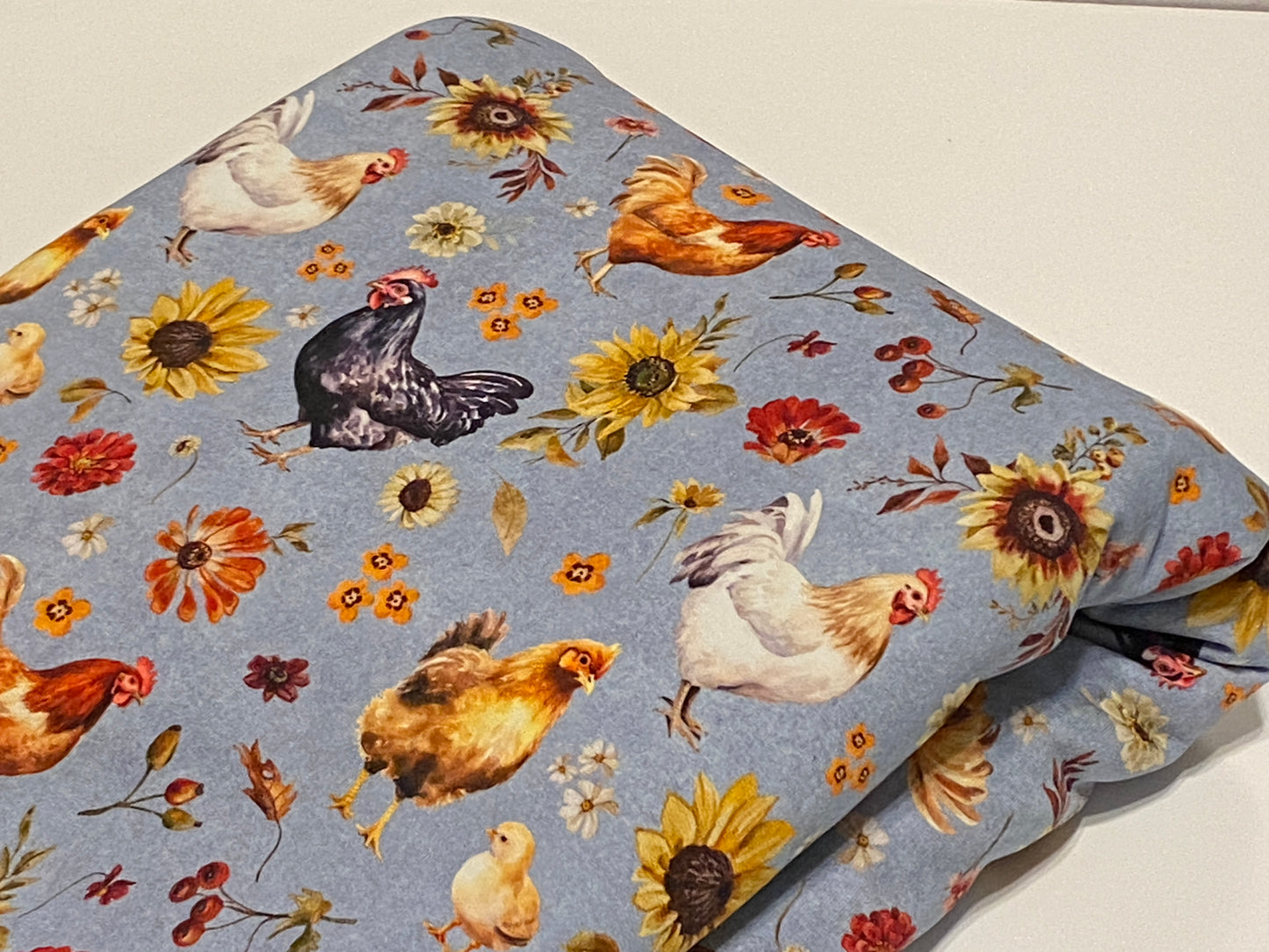 Little Rhody Designs - Chickens on Stonewash Blue - Fall Floral