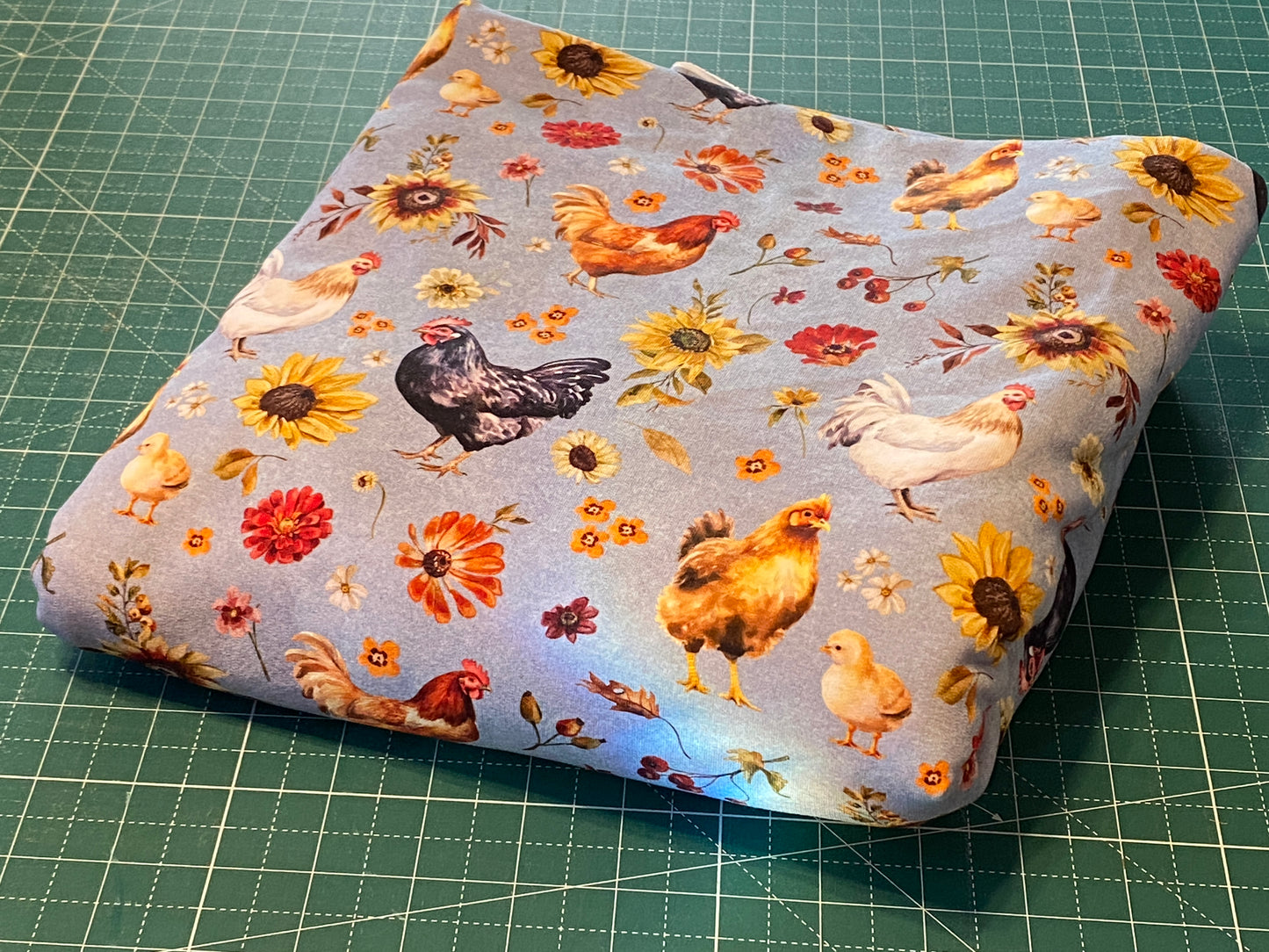 Little Rhody Designs - Chickens on Stonewash Blue - Fall Floral