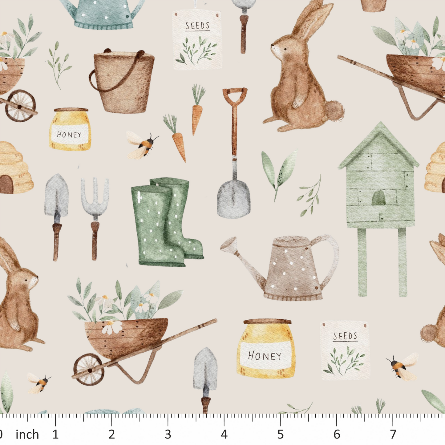 Lumelo and Ginger - Lotties Patch - on Ecru - Dark Mint - Rabbit - Bunny - Spring Farm