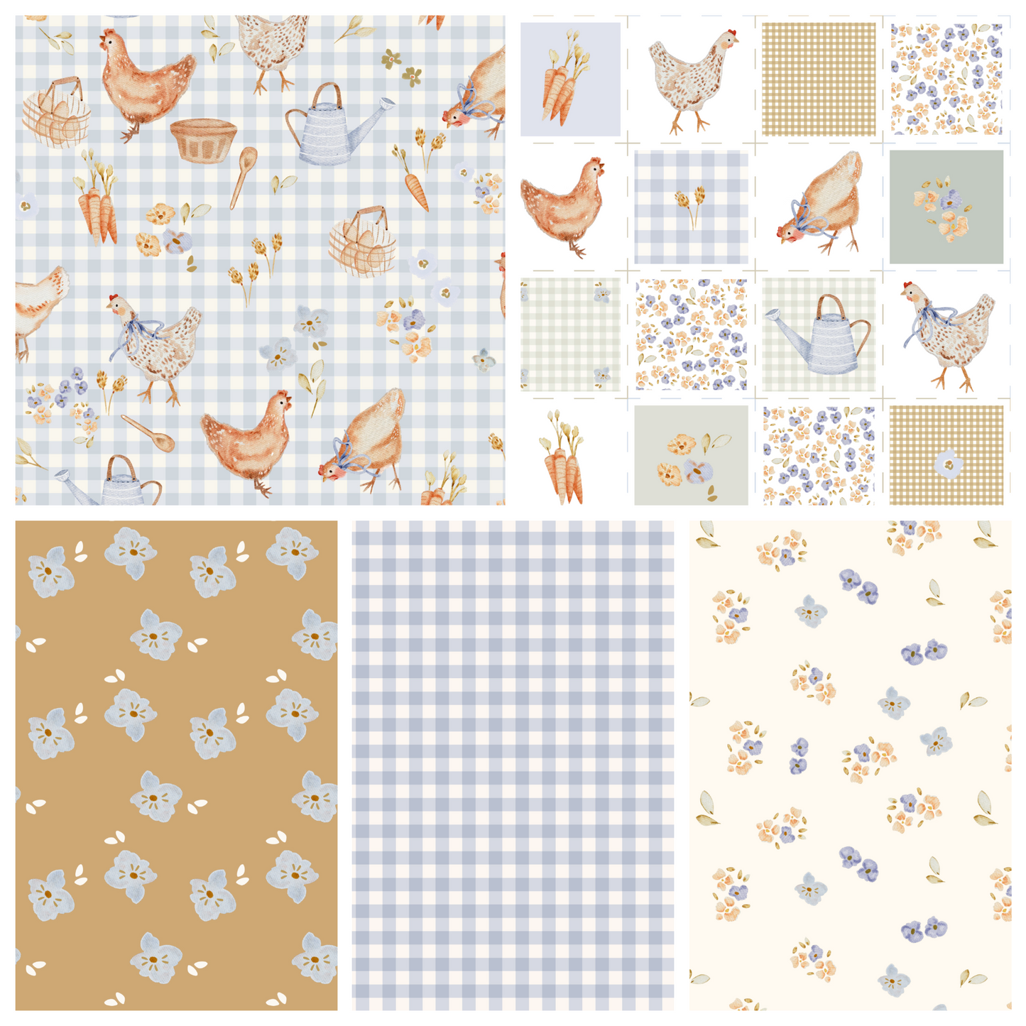Lumelo and Ginger - Shack on Blue Gingham - Chickens - Farm - Coordinating Fabrics Available