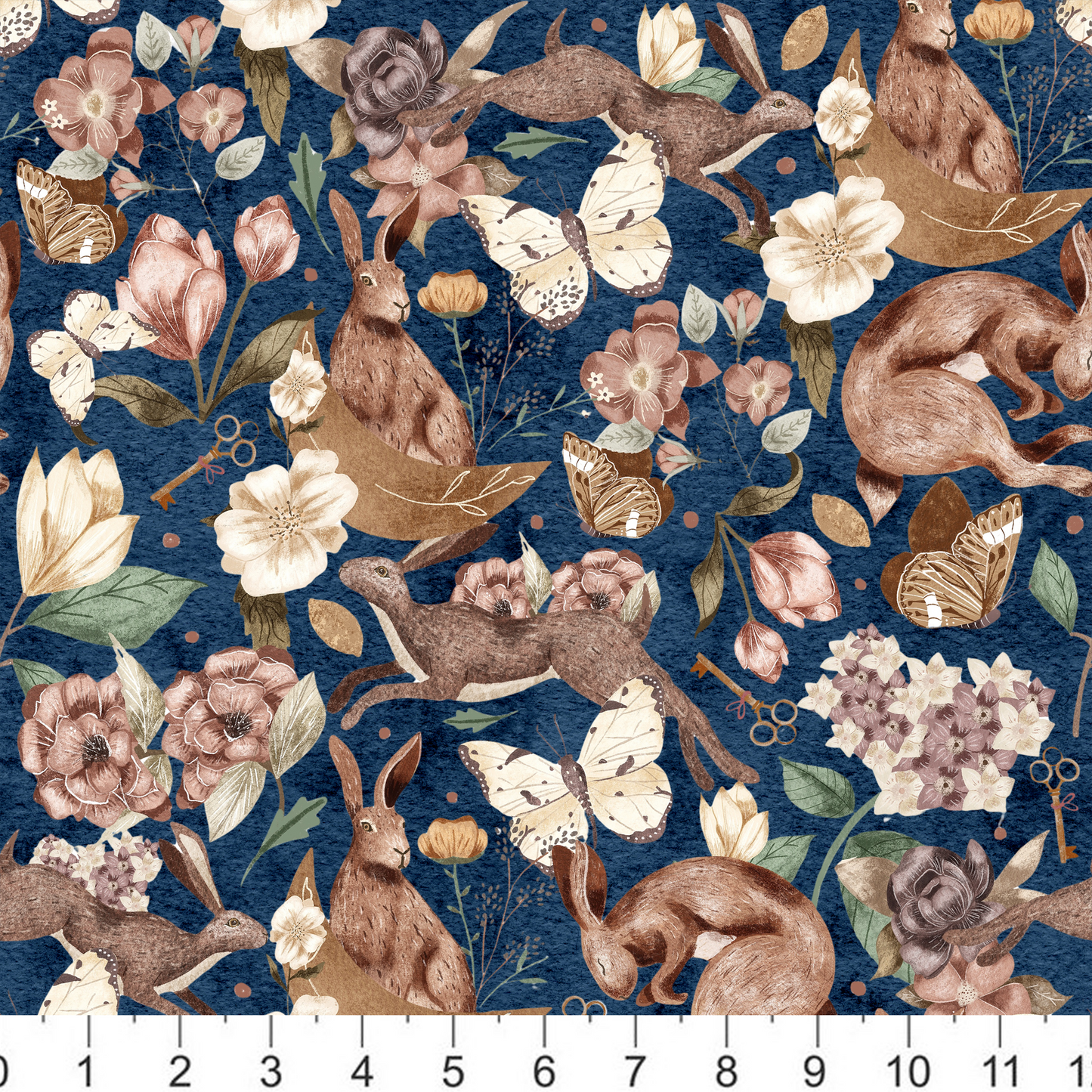 Eva on Dark Blue - Rabbits - Bunny - NIght - Floral - Moth - Butterfly