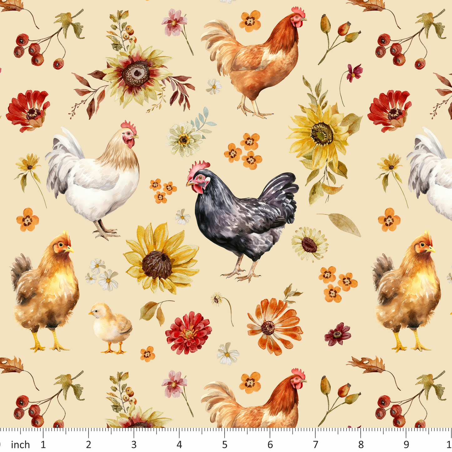 Little Rhody Designs - Chickens on Beige - Fall Floral