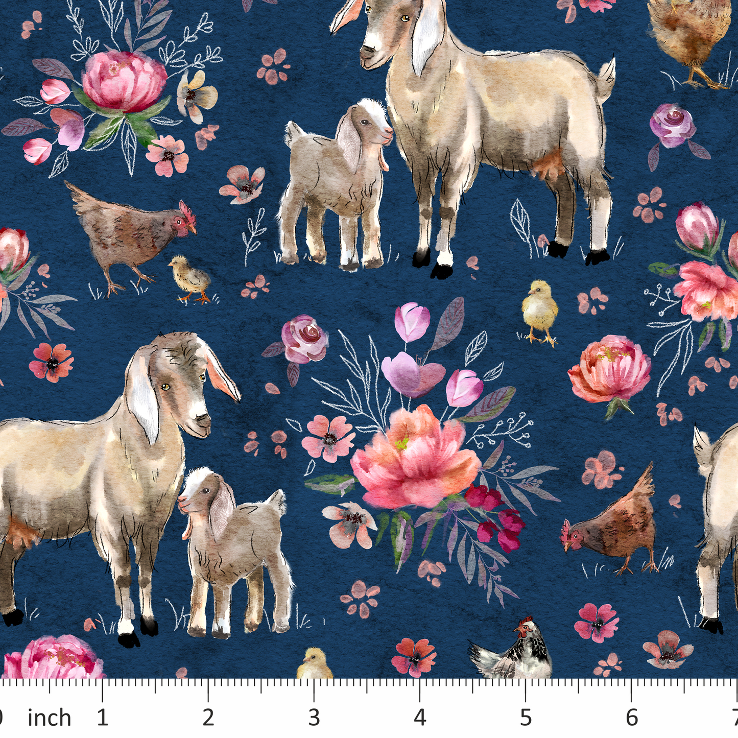 Tatra Cottage - Goats - Floral - on Dark Blue
