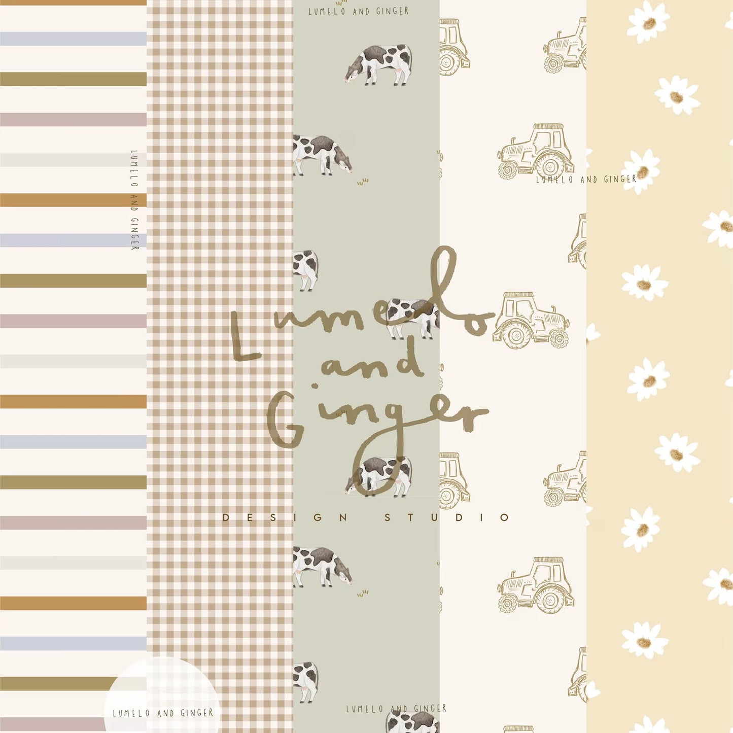 Lumelo and Ginger - Gingham Brown - Cows Coordinate