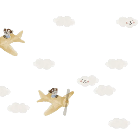 Family Fabrics - Fantasy Airplane Yellow on Off White