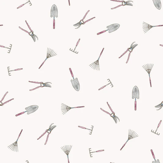 Family Fabrics -  Marcha Joan - Gardening Tools Pinkish