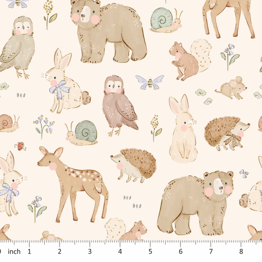 Lumelo and Ginger - Fern - on Ecru - Forest Animals - Bear - Owl - Deer - Hedgehog