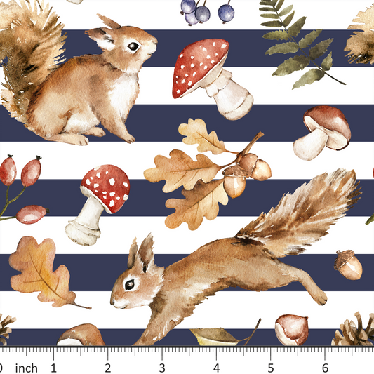Mirabelle Designs - Squirrels and Oak - Navy White Stripe - Little Rhody Exclusive Colorway