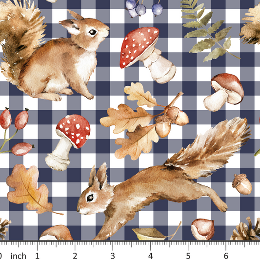 Mirabelle Designs - Squirrels and Oak - Navy White Gingham - Little Rhody Exclusive Colorway