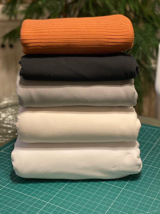 17+ yds Euro-Solids Bundle - Cotton Lycra Jersey - French Terry - Fleeced French Terry - 8x4 Wide Rib Knit