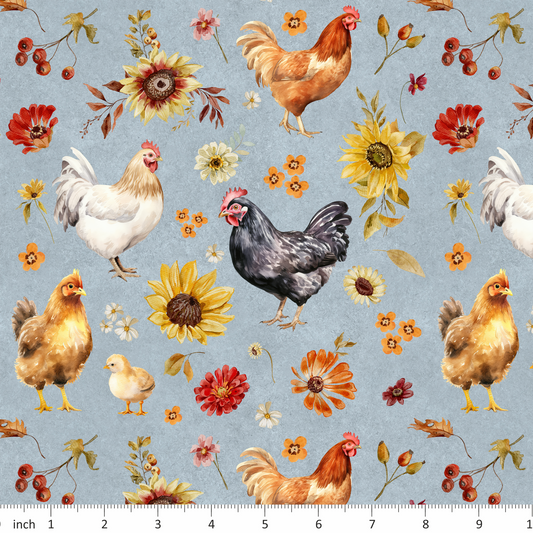 Little Rhody Designs - Chickens on Stonewash Blue - Fall Floral
