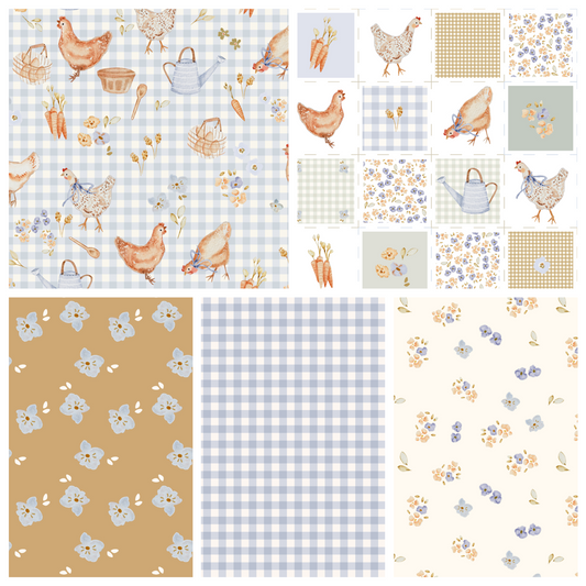 Lumelo and Ginger - Shack on Blue Gingham - Chickens - Farm - Coordinating Fabrics Available