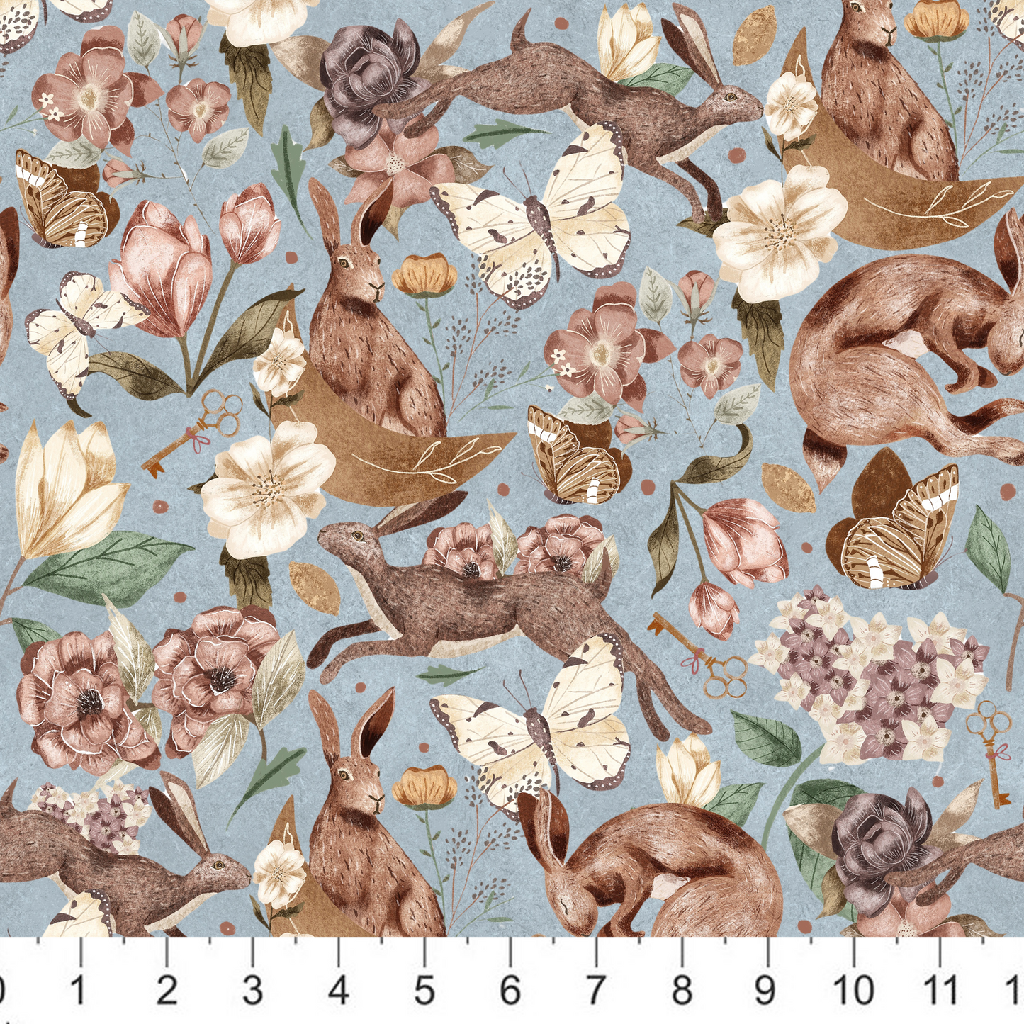 Eva on Stonewash Blue - Rabbits - Bunny - NIght - Floral - Moth - Butterfly