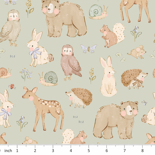 Lumelo and Ginger - Fern - on Light Olive - Forest Animals - Bear - Owl - Deer - Hedgehog