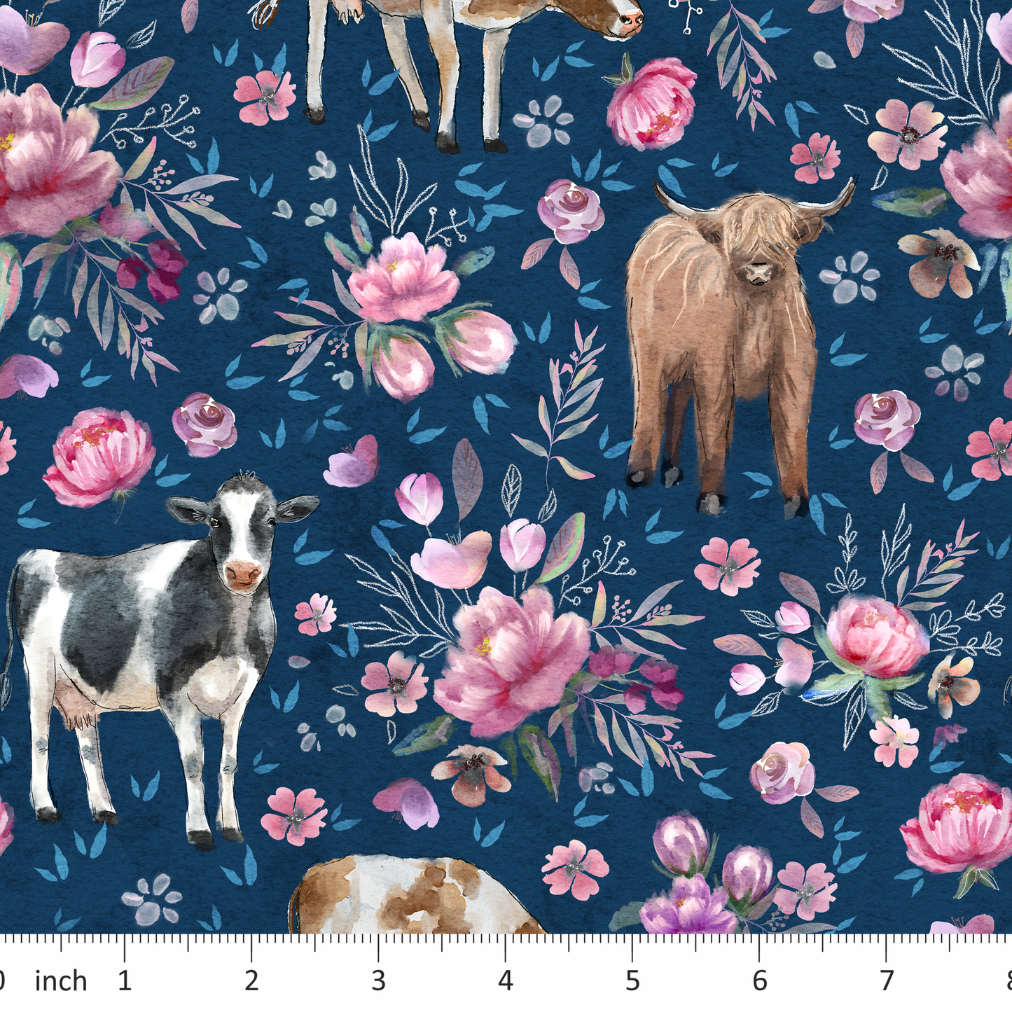 Tatra Cottage - Cows - Floral - on  Dark Blue