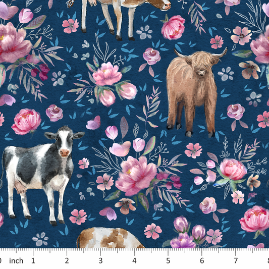 Tatra Cottage - Cows - Floral - on  Dark Blue
