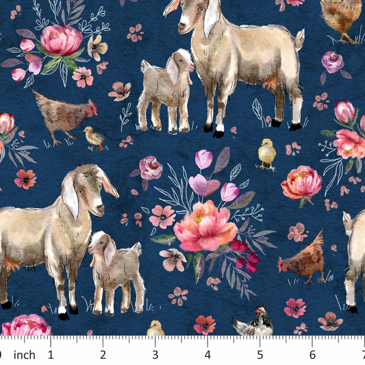 Tatra Cottage - Goats - Floral - on  Dark Blue