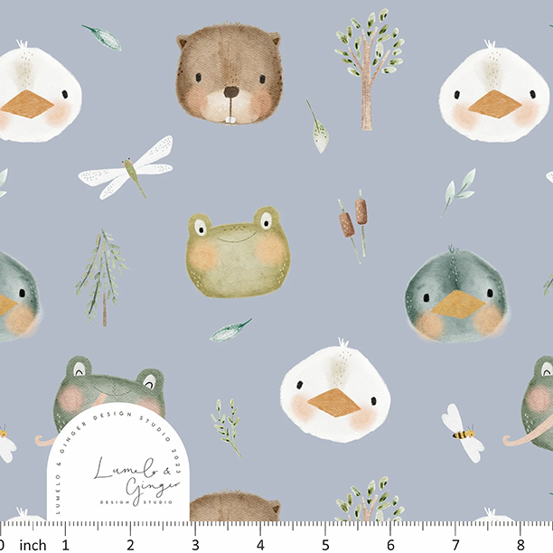 Lumelo and Ginger - Pond Bobs - on Cornflower Blue - Frog - Beaver - Fireflies - Goose - Duck - Mallard