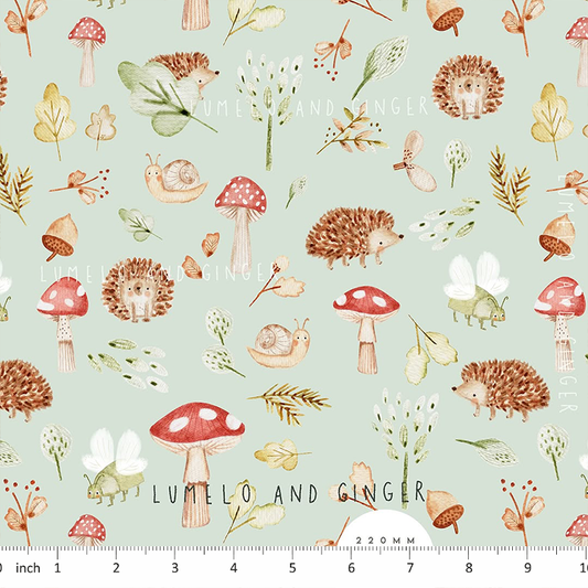 Lumelo and Ginger - Whinn - on Light MInt - Hedgehogs - Mushrooms - Forest - Woodland