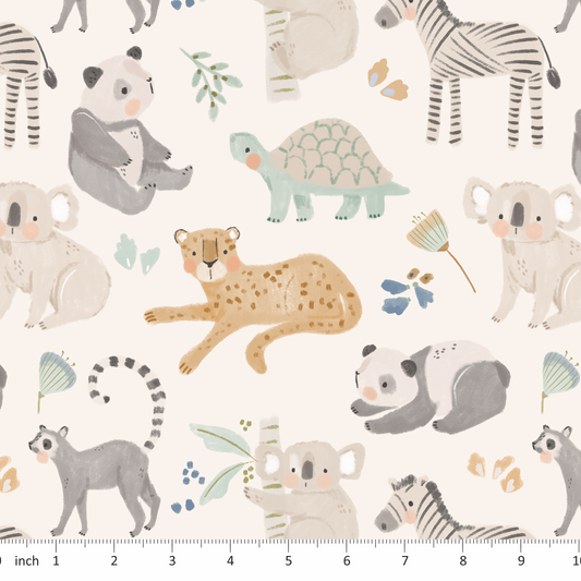Lumelo and Ginger - Palm - on Ecru - Zoo Animals - Koala - Tortoise - Panda - Tiger - Lemur - Zebra