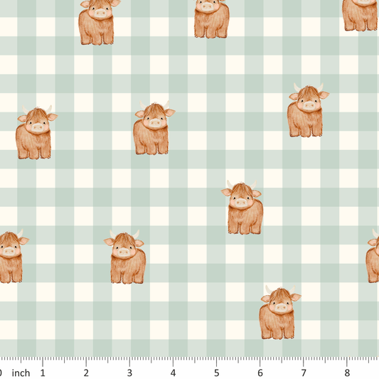 Lumelo and Ginger - Highland Cows - on Sage Gingham - Clove Coordinating Design