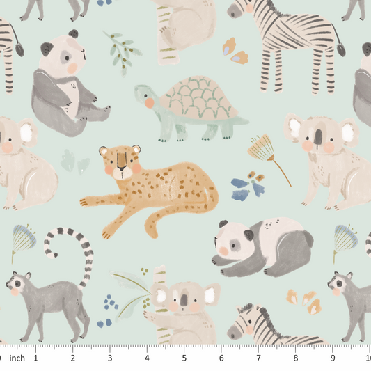Lumelo and Ginger - Palm - on Pale Mint - Zoo Animals - Koala - Tortoise - Panda - Tiger - Lemur - Zebra