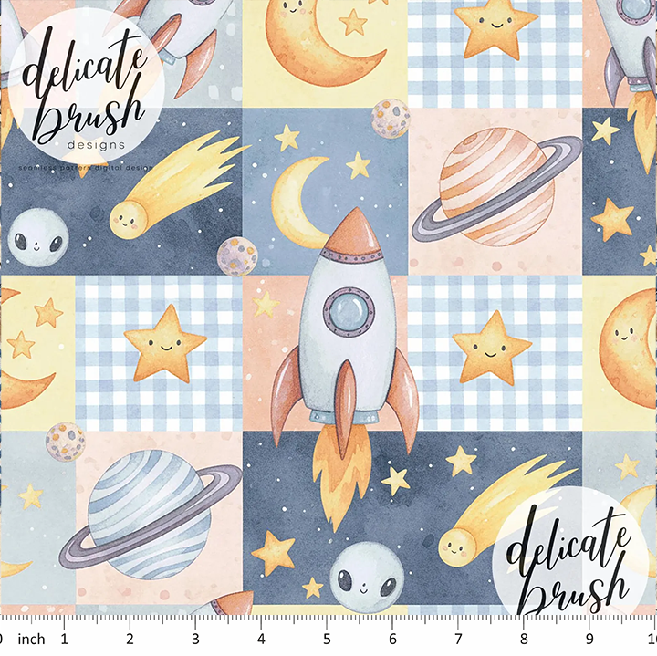 Delicate Brush Designs - Pastel Rockets on Checkboard - Space