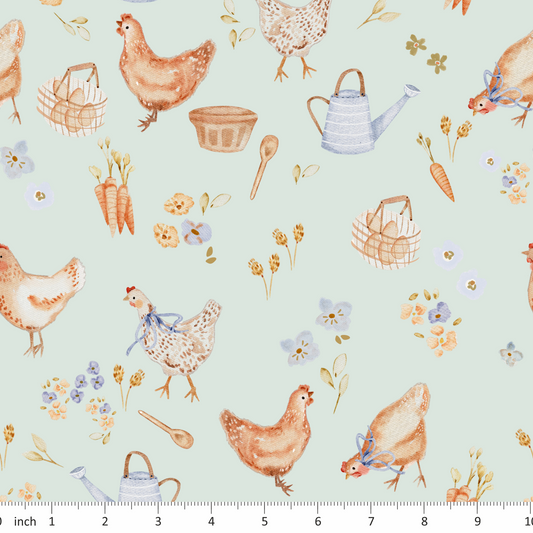Lumelo and Ginger - Shack on Light Mint - Chickens - Farm - Coordinating Fabrics Available