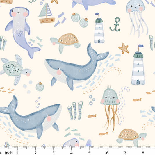 Lumelo and Ginger - Shiver - on Ecru - Ocean Animals - Coordinating Designs Available