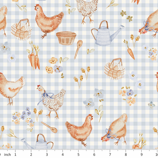 Lumelo and Ginger - Shack on Blue Gingham - Chickens - Farm - Coordinating Fabrics Available