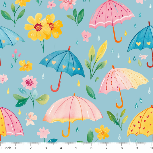 Spring Flowers and Umbrellas on Blue
